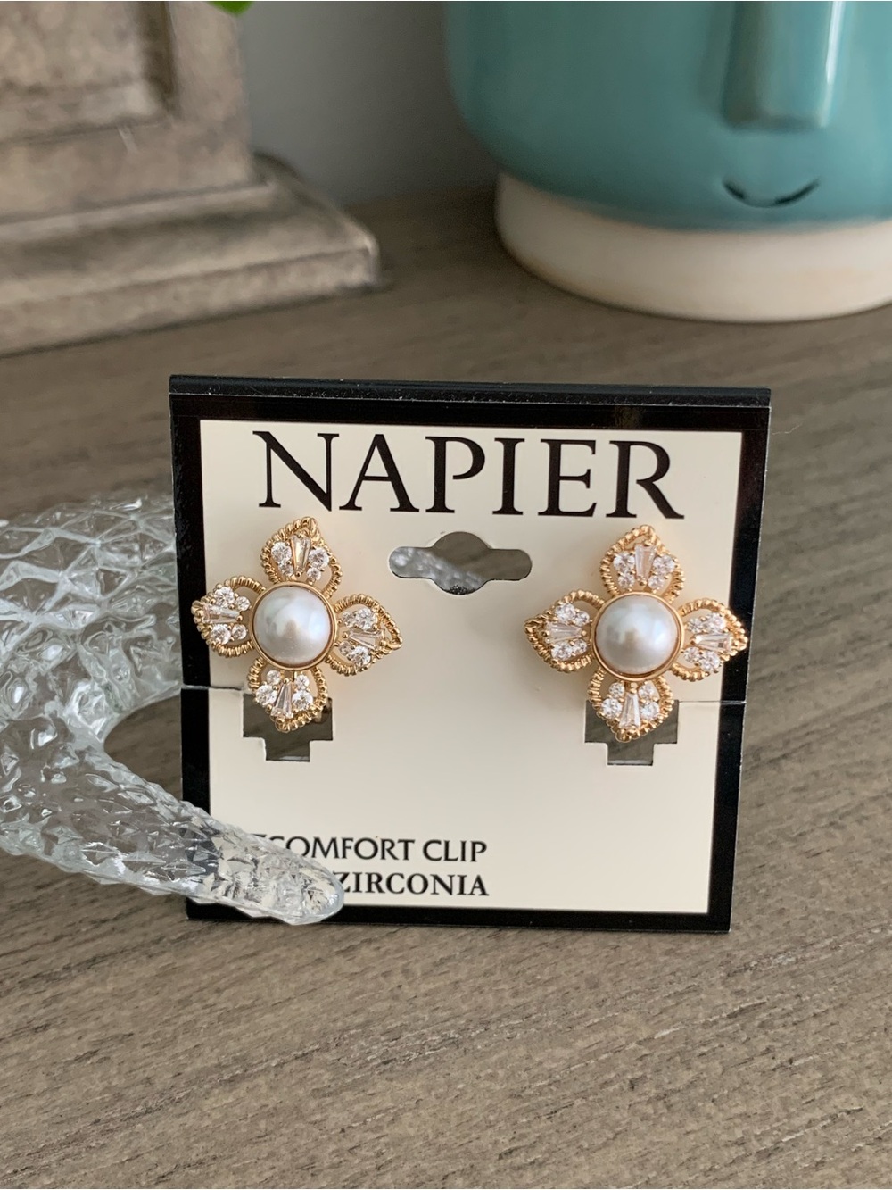 Napier Signed Simulated Pearl Cubic Zirconia Gold Tone Social Stud Clip Earrings